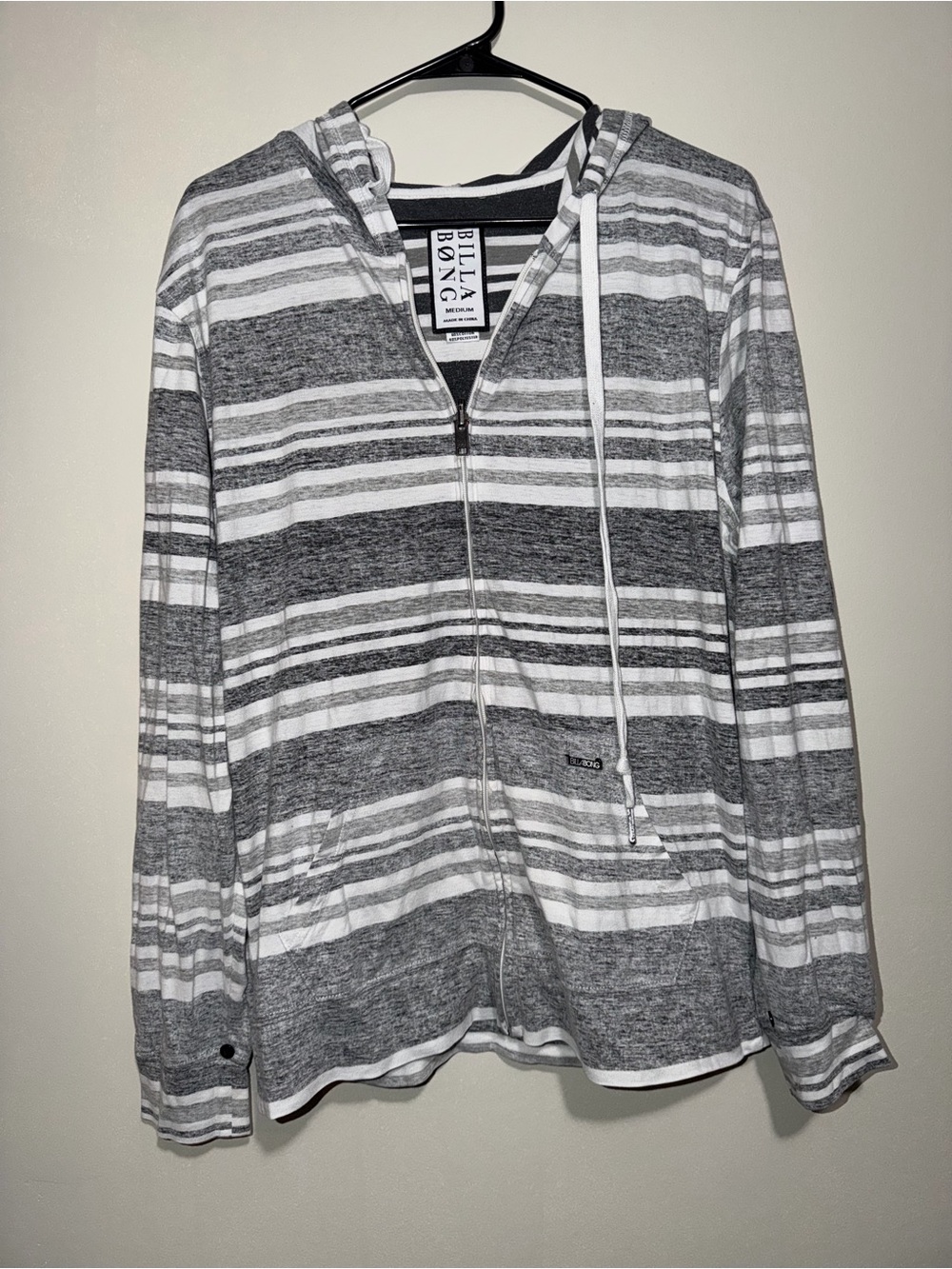 Billabong Men’s Medium Striped Lightweight Zip Hoodie Gray White